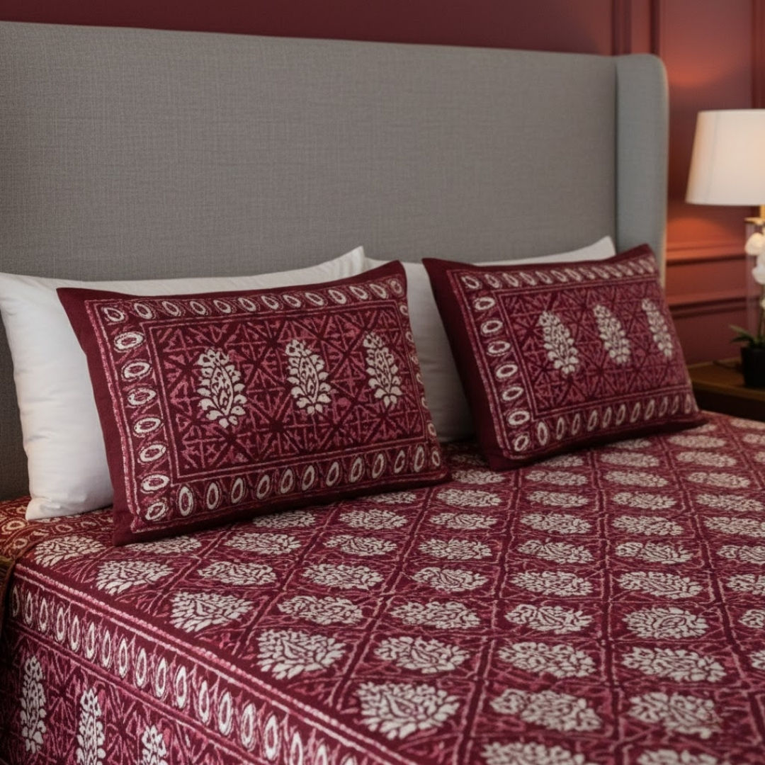 Maroon Buta Dabu Print Jaipuri Double Bedsheet